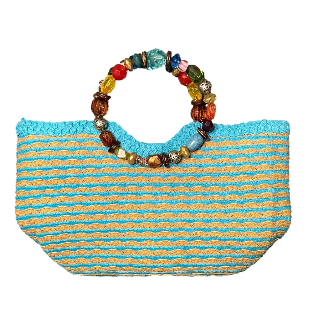 Blue Miami Straw 2 Handled Bag Purse Jeweled Handle Turquoise Tan